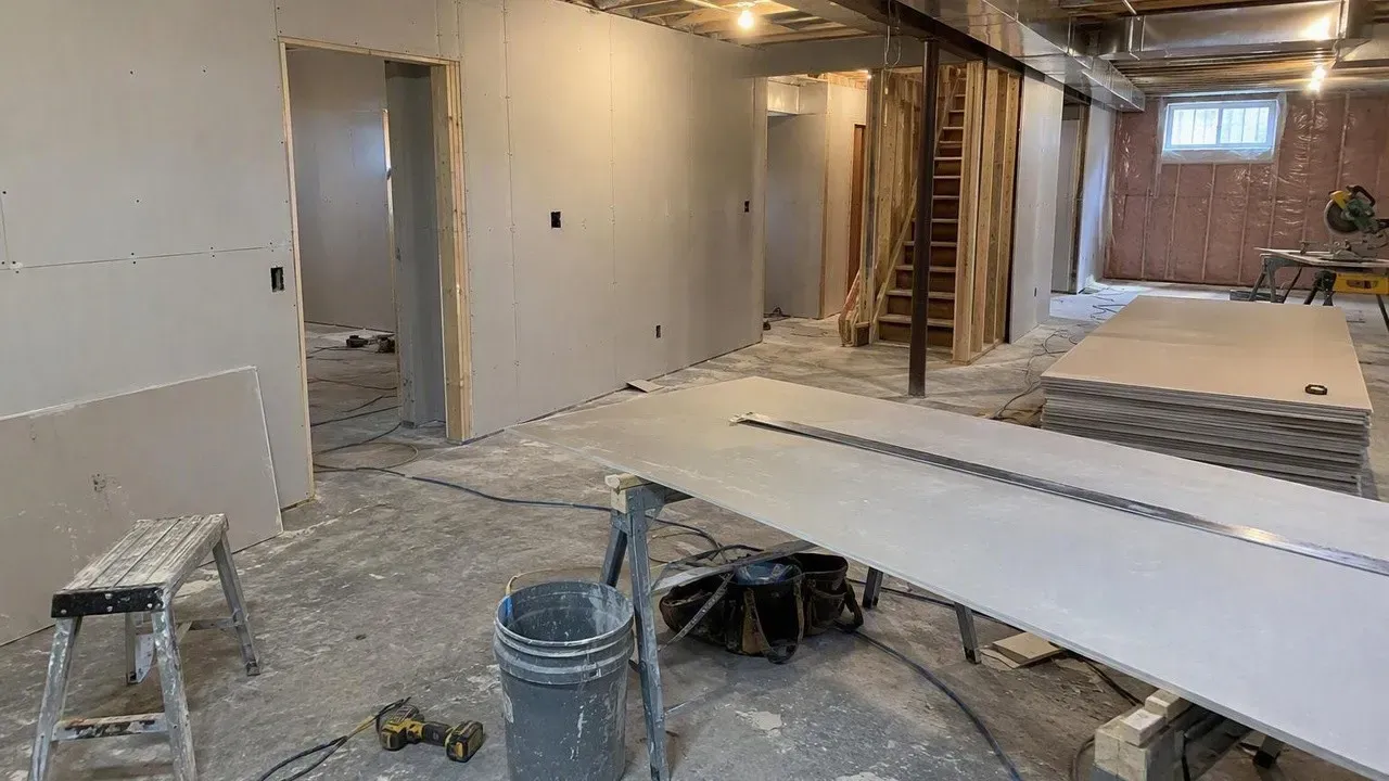 Basement drywall installation underway in a newer Northern Colorado home