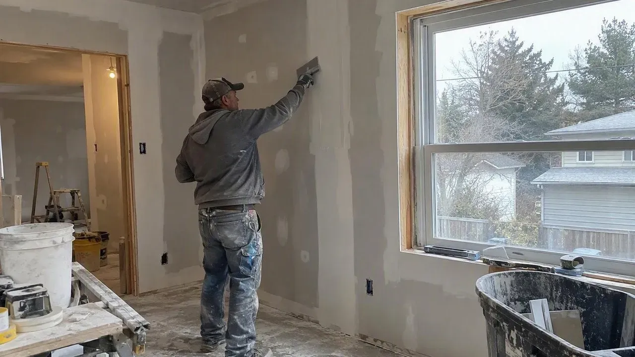 Drywall finisher working beside a large window in a custom home