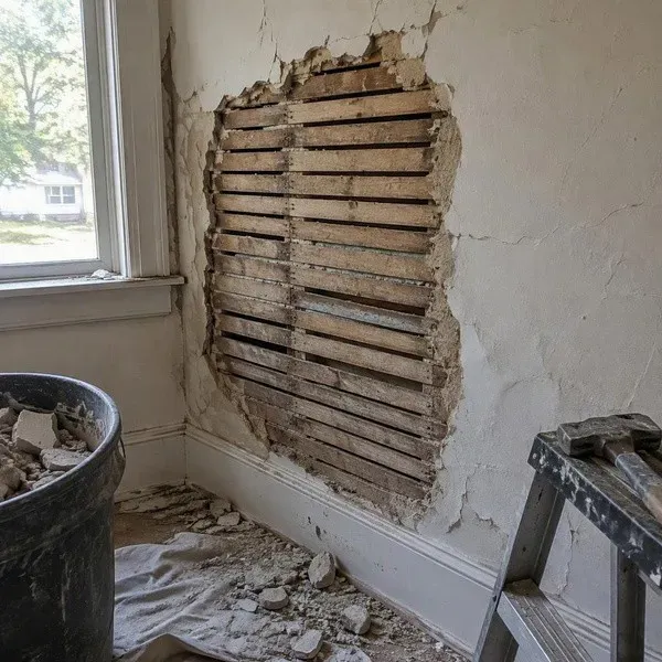 Exposed wood lath beneath a missing plaster section in an older home