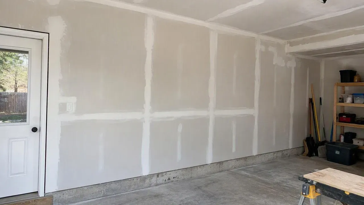 Garage drywall with taped seams and filled screws