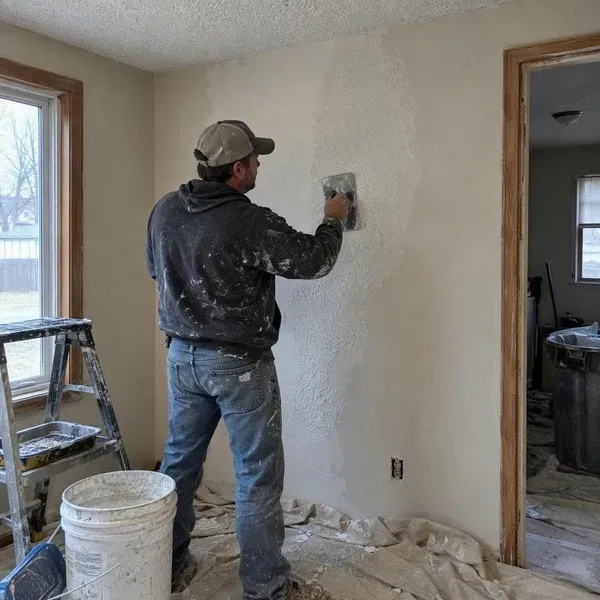 Drywall finisher matching knockdown texture over a wall repair