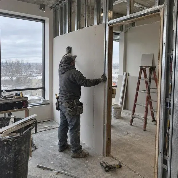 Worker boarding a meeting room partition wall in an office tenant improvement