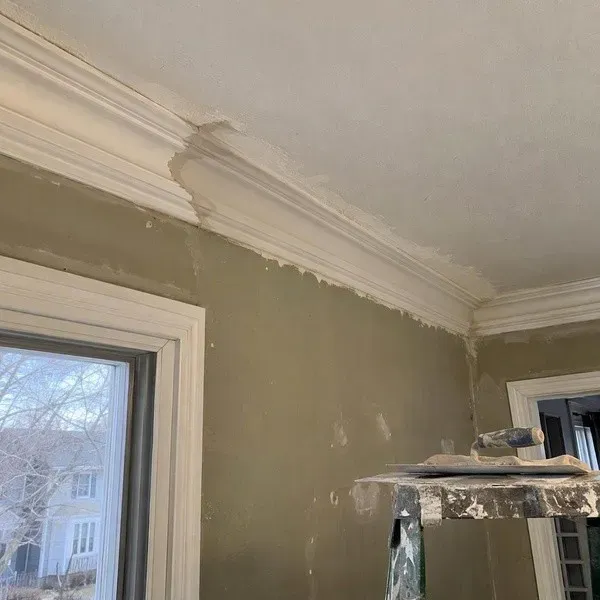 Plaster patch along decorative crown moulding in an older home