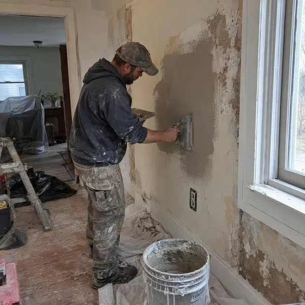 Plaster repair with fresh plaster smoothed over damaged wall