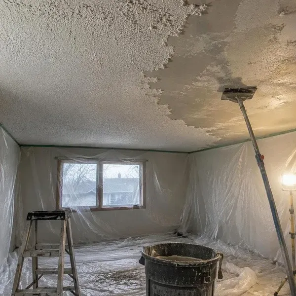 Room sealed in plastic containment before popcorn ceiling removal