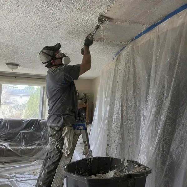 Worker scraping wet popcorn texture from a ceiling above plastic sheeting