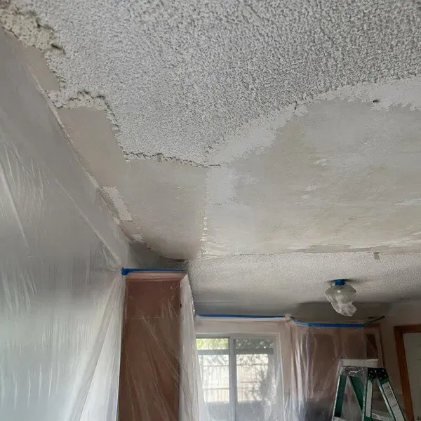 Popcorn ceiling texture beside a scraped section in a mid-century home