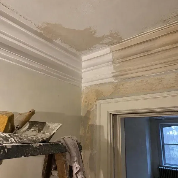 Rebuilt plaster crown moulding profile matching the original