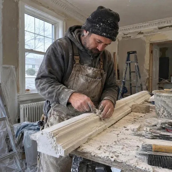 Shaping a replacement section of plaster crown moulding by hand